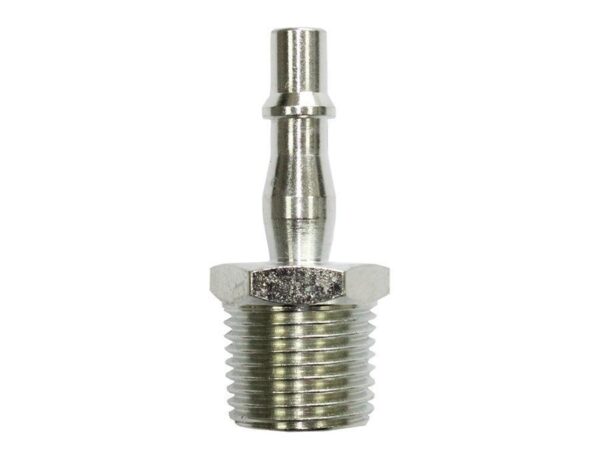 P19 1/2" Male Plug for compressed air applications, Made in the UK, interchangeable with PCL Standard, Rectus 19 Series, and Kee 057 Series, designed for single-handed operation in the automotive industry.