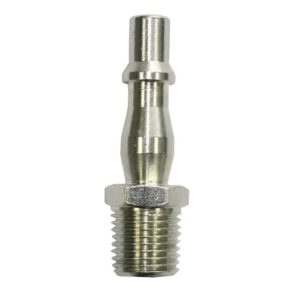 P19 1/4" Male Plug for compressed air applications, Made in the UK, interchangeable with PCL Standard, Rectus 19 Series, and Kee 057 Series, designed for single-handed operation in the automotive industry.