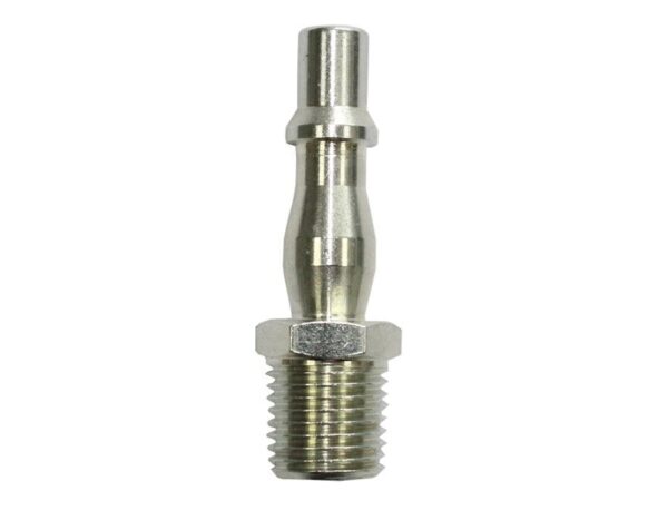 P19 1/4" Male Plug for compressed air applications, Made in the UK, interchangeable with PCL Standard, Rectus 19 Series, and Kee 057 Series, designed for single-handed operation in the automotive industry.