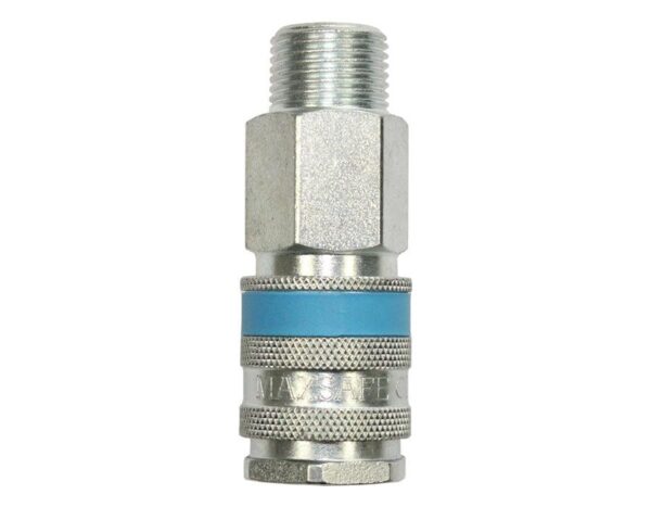 C19 3/8" Male Coupling for compressed air applications, Made in the UK, interchangeable with PCL Standard, Rectus 19 Series, and Kee 057 Series, designed for single-handed operation in the automotive industry.