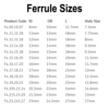 Swaging/Crimping Ferrule size chart displaying various ferrule dimensions for accurate fitting and compatibility.